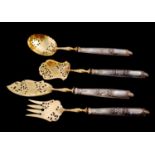 A 19TH CENTURY FRENCH FOUR PIECE SILVER GILT VERMEIL FISH SERVING SET Impressed 'Minerva