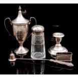 A COLLECTION OF FIVE SILVER ITEMS To include a silver trophy by S. Blanckensee & Son Ltd,