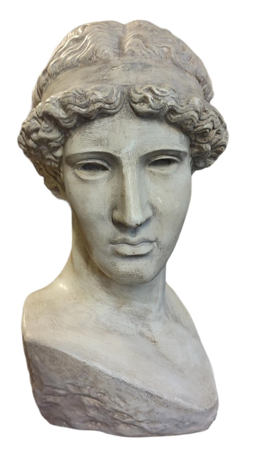 AFTER THE ANTIQUE, A DECORATIVE LIFESIZE PLASTER BUST, GREEK HEAD OF LEMNIA ATHENA. (h 42cm x d 24cm