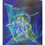 A 20TH CENTURY ACRYLIC ON CANVAS, ABSTRACT STUDY Titled 'Prejudice', geometric forms on a blue