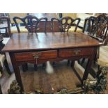 A GEORGIAN OAK COTTAGE OAK SIDE/DINING TABLE, with two drawers and single drop leaf on square