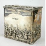 A VICTORIAN SILVER RECTANGULAR FIGURAL TEA CADDY With embossed figures wearing period attire in a