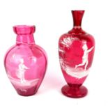 MARY GREGORY, TWO VICTORIAN CRANBERRY GLASS VASES Hand decorated with white cameo glass of