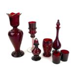 A COLLECTION OF 19TH CENTURY AND LATER RUBY GLASS To include a goblet with ruby and white air