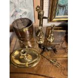 AN 18TH/19TH CENTURY BRASS CHAMBER STICK Along with a brass bound ice bucket, pair of brass