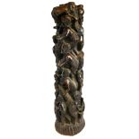 AN AFRICAN HARDWOOD TOTEM POLE CARVED WITH TRIBAL FIGURES ASCENDING. (45cm) Condition: good