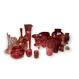 A COLLECTION OF VICTORIAN CRANBERRY GLASS To include a bowl with hand painted decoration of a
