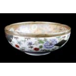 A JAPANESE SATSUMA POTTERY CIRCULAR BOWL With scrolled edge, hand painted decoration of Geisha in an