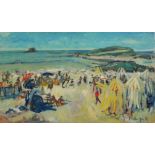 ROSS FOSTER, A LARGE OIL ON CANVAS Coastal landscape, view with figures and beach tents, signed