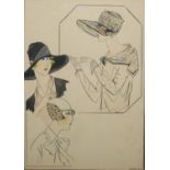 A COLLECTION OF SEVEN ART DECO FASHION WATERCOLOUR PORTRAITS To include a group female study wearing