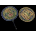 TWO 19TH CENTURY CHINESE PAINTED CIRCULAR SILK FANS With a tea ceremony scene and floral decoration,