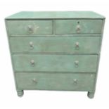 A 19TH CENTURY CHEST OF TWO SHORT AND THREE LONG DRAWERS Distressed green painted finish. (w 89cm