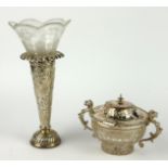 AN EDWARDIAN SILVER AND ETCHED GLASS TRUMPET FORM FLOWER EPERGNE With embossed decoration and etched