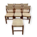 A SET OF SIX COTSWOLD SCHOOL OAK DINING CHAIRS With woven seats and backs. (42cm x 42cm x 90cm)