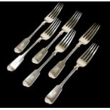 A SET OF SIX VICTORIAN SILVER DINNER FORKS Fiddle pattern with engraved family crest, hallmarked