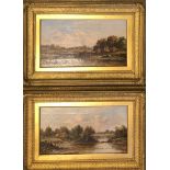 A PAIR OF 19TH CENTURY OILS ON CANVAS, RIVERSIDE LANDSCAPE With figures, unsigned, gilt framed. (