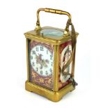A LATE 19TH CENTURY 8 DAY REPEATING BRASS AND ENAMELLED PORCELAIN CASED CARRIAGE CLOCK Decorated