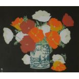 AN EARLY 20TH CENTURY GOUACHE Still life, an arrangement of orange and white flowers on a black