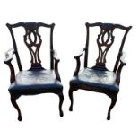 A PAIR OF 19TH CENTURY CHIPPENDALE REVIVAL OPEN ARMCHAIRS, with pierced vase splat backs,