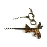 A VINTAGE COLD PAINTED METAL NOVELTY CORKSCREW CAST AS A BRAYING DONKEY Together with a steel