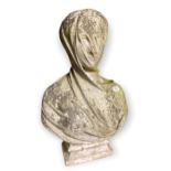 A LIFE SIZE MARBLE HEAD AND SHOULDERS PORTRAIT BUST OF A VEILED MAIDEN On a socle plinth,