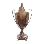 A LARGE SILVER PLATED TWIN HANDLED CLASSICAL URN FORM SAMOVAR With fluted body and engraved