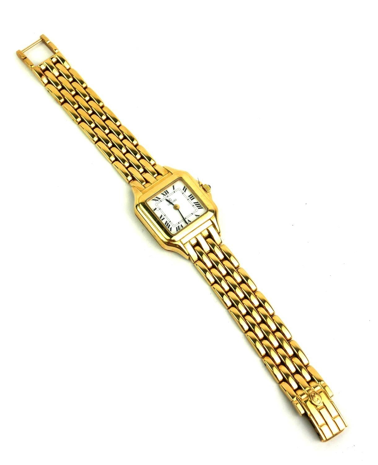 CONCORDE, PANTHERE DESIGN, A 14CT GOLD LADIES' WRISTWATCH Having a square dial with sapphire winder,