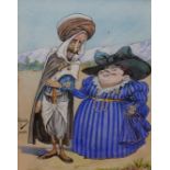 20TH CENTURY PEN, INK AND COLOUR CARICATURE, ARAB MAN AND WOMAN Titled 'Assus Alger', framed and
