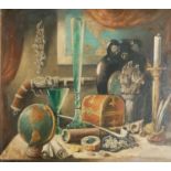 AN EARLY 20TH CENTURY CONTINENTAL SCHOOL OIL ON CANVAS Still life, an explorer's necessities,