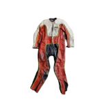 RENOLD, A VINTAGE LEATHER ALL IN ONE MOTORCYCLE SUIT Red, white and black, sewn with name badge to