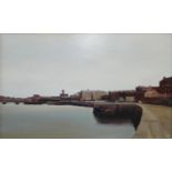 SAUITER, 20TH CENTURY OIL ON CANVAS Industrial harbour scene, signed lower right, framed. (sight