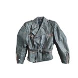 A VINTAGE GREEN LEATHER BIKER'S JACKET Having padded shoulders and red fabric zips. Condition: