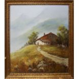 TWO 20TH CENTURY OILS ON CANVAS, LANDSCAPE VIEWS A solitary cottage with a mountainous landscape,