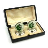 A PAIR OF EARLY 20TH CENTURY SILVER AND GUILLOCHÉ ENAMELLED CIRCULAR MENU HOLDERS Decorated with a