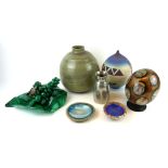 A COLLECTION OF MALACHITE ITEMS Along with a decorated ostrich egg and a South African ceramic