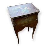 A 19TH CENTURY FRENCH SEWING/WORK TABLE Painted with a servant tending his mistress and landscape