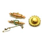 TWO VICTORIAN 9CT GOLD BAR BROOCHES To include a brooch with heart design set with turquoise stones,