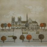 CHRISTINE CHAGNOUX, FRENCH, 20TH CENTURY COLOURED ETCHING Notre Dame de Paris Cathedral, signed