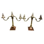 A PAIR OF CLASSICAL STYLE BRASS AND COPPER THREE BRANCH TABLE LAMPS Condition good H50 x W54cm