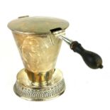 A 19TH CENTURY SCOTTISH SILVER CONICAL SHAVING MUG With hinged lid, turned wooden handle and pierced