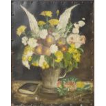 DENNIS R, AN EARLY 20TH CENTURY OIL ON CARD, STILL LIFE An arrangement of flowers in a glass jug