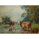 S.I. USHER, 1906, WATERCOLOUR Cows in a riverside landscape, signed, mounted, framed and glazed. (