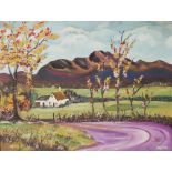 A 20TH CENTURY OIL ON ARTIST BOARD, LANDSCAPE A solitary cottage with autumnal trees and a pink tone