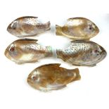 A SET OF FIVE 20TH CENTURY MOTHER OF PEARL FISH DISHES Each carved as an exotic fish with glass