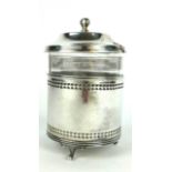WALKER AND HALL, AN EDWARDIAN SILVER AND GLASS JAM POT Having a dome form lid and pierced decoration