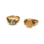 TWO VINTAGE 9CT GOLD GENT'S SIGNET RINGS One set with a diamond and one of plain design. (size R,