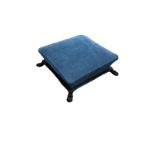 A 19TH CENTURY MAHOGANY FOOTSTOOL The blue fabric overstuffed upholstery, on paw feet. (49cm x