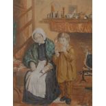 A VICTORIAN WATERCOLOUR, INTERIOR SCENE A young boy reading with an elderly lady in a country