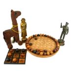 A MIXED LOT TO INCLUDE A CHILD'S TOY HORSE Giltwood Buddha, wooden solitaire board and another. (