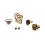 A COLLECTION OF VINTAGE 9CT GOLD AND GEM SET RINGS To include a ring with a baguette cut amethyst, a